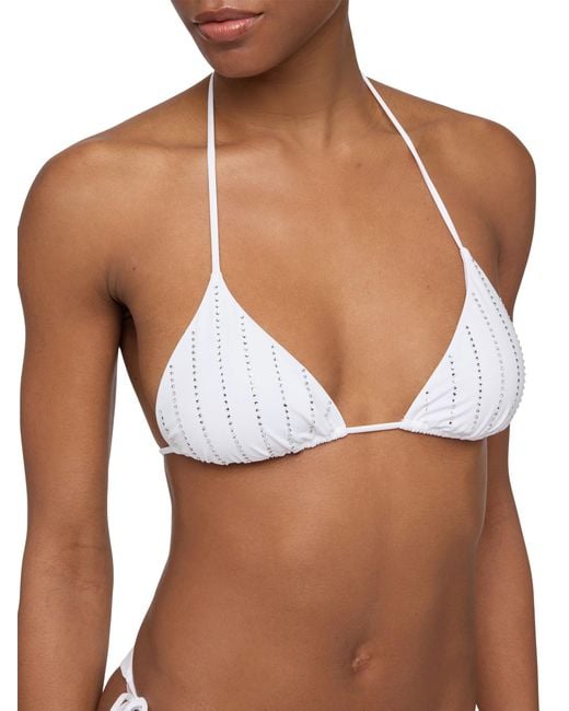 Mc2 Saint Barth White Leah Triangle Top Swimsuit With Striped Rhinestone Embellishment