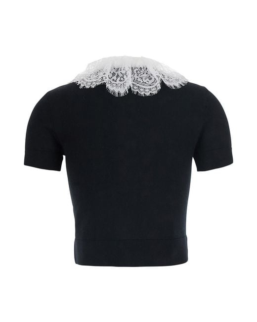 Self-Portrait Black Top With Lace Collar, Wool Tops