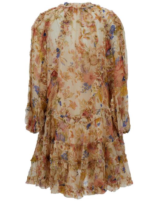 Zimmermann Brown 'august' Mini Multicolor Frill Dress With Floreal Print In Viscose Woman