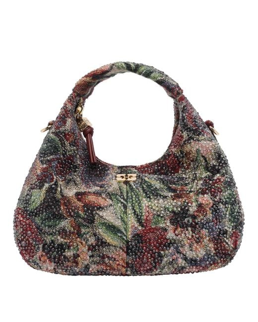 Ganni Gray Mini Tapestry Strass Hobo Bag