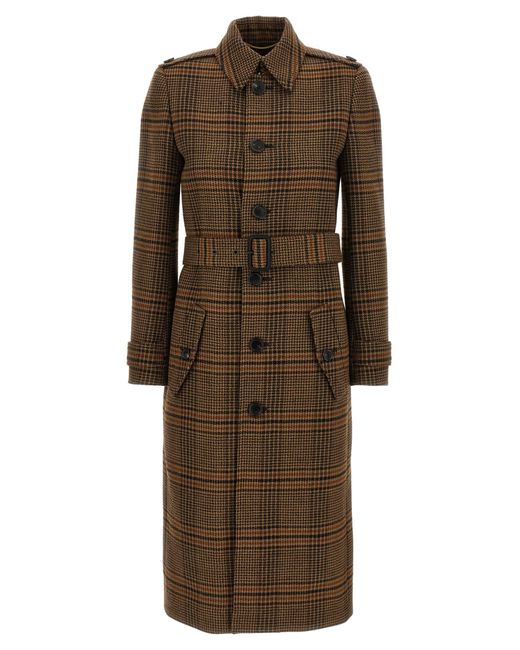 Saint Laurent Brown Prince Of Wales Wool Coat