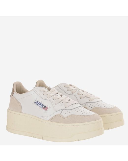 Autry White Medalist Platform Low Leather Sneakers With Suede Inserts