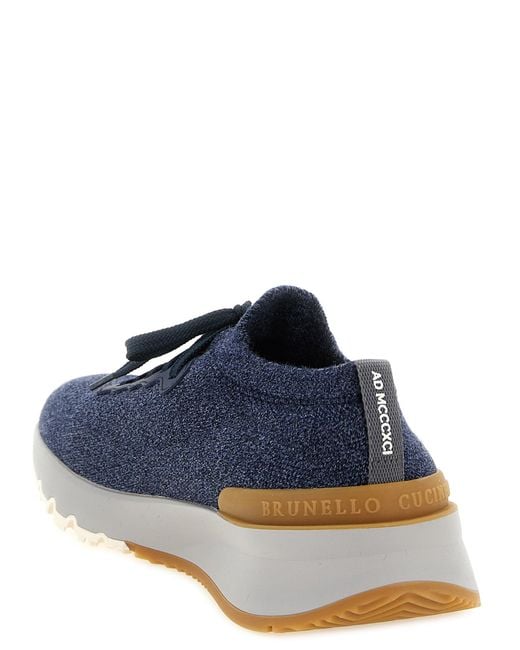 Brunello Cucinelli Blue Jacquard Knit Sneakers for men