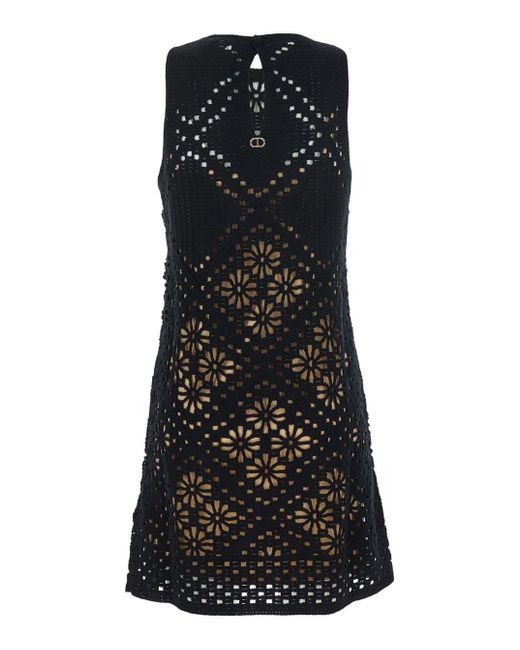 Twinset Black Dress With Knitted Design And All-Over Floral Embroidery