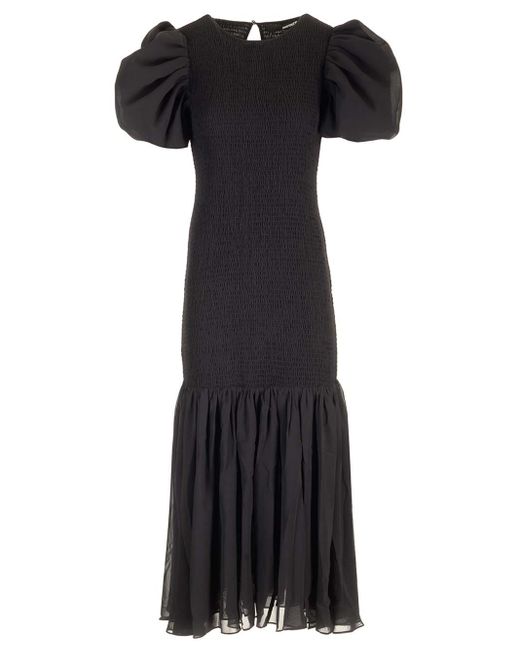 ROTATE BIRGER CHRISTENSEN Black Chiffon Midi Dress With Puff Sleeves