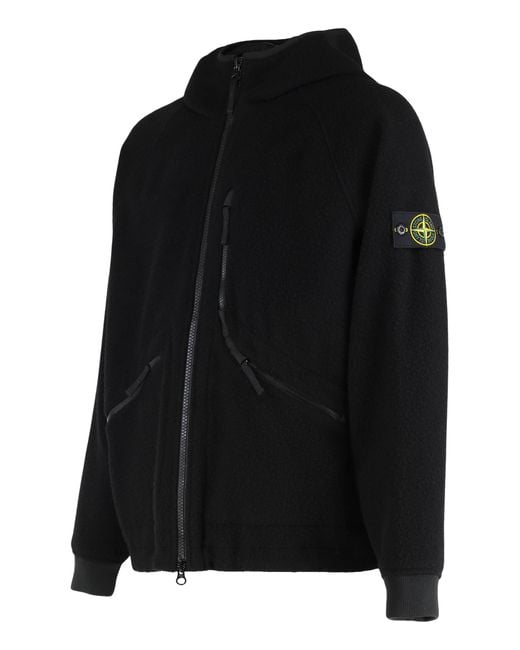 Stone Island Black Hooded Jacket Wool And Nylon Bomber for men