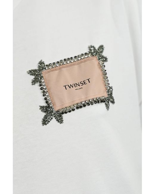 Twin Set White T-Shirt With Label And Rhinestones