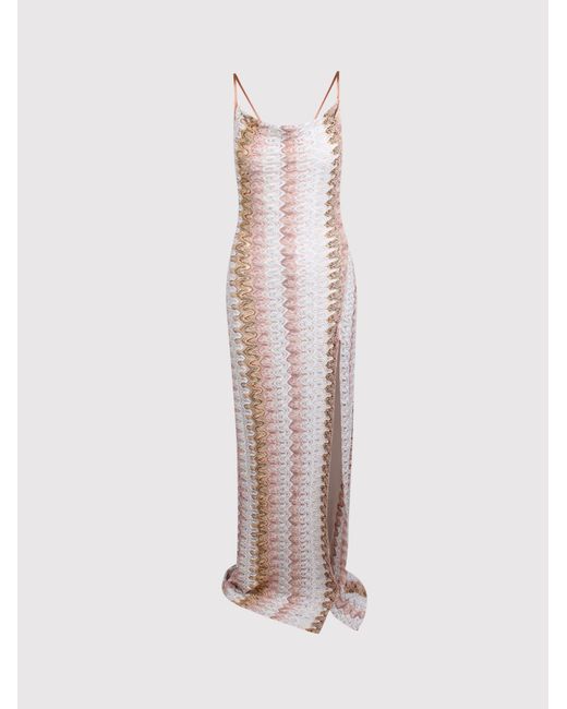 Missoni White Long Lace Effect Dress With Draped Neckline And Slit