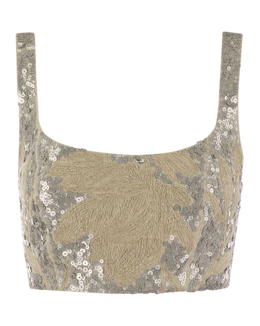 Brunello Cucinelli Gray Light Linen Crop Top With Embroidery