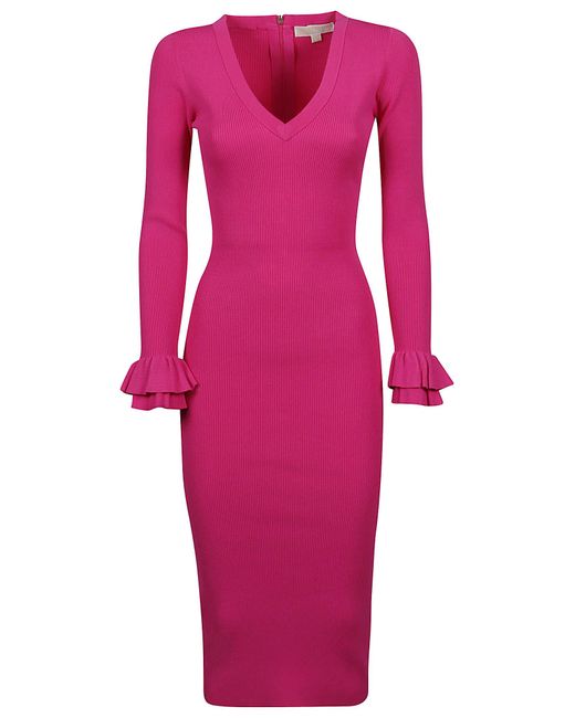 Michael Kors Eco V-neck Rufl Cuf Midi Dress in Pink | Lyst