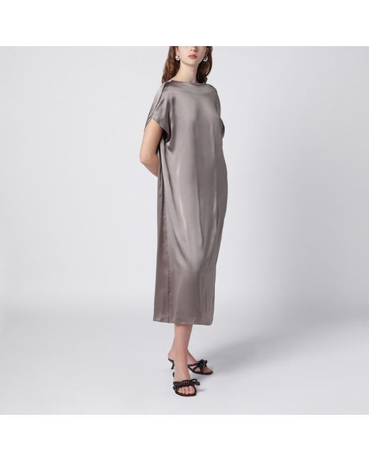 Dries Van Noten Gray Taupe Silk Satin Midi Dress