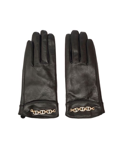 Twin Set Black Gloves With Oval T Chain Detail In Smooth Leather | Lyst