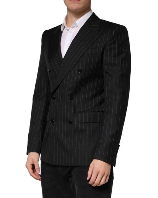 Dolce & Gabbana Black Stripes Double Breasted 2Button Blazer Virgin Wool Clothing for men