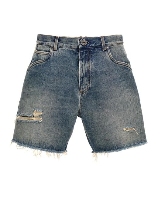 Balmain Blue Destroyed Denim Bermuda, Short for men