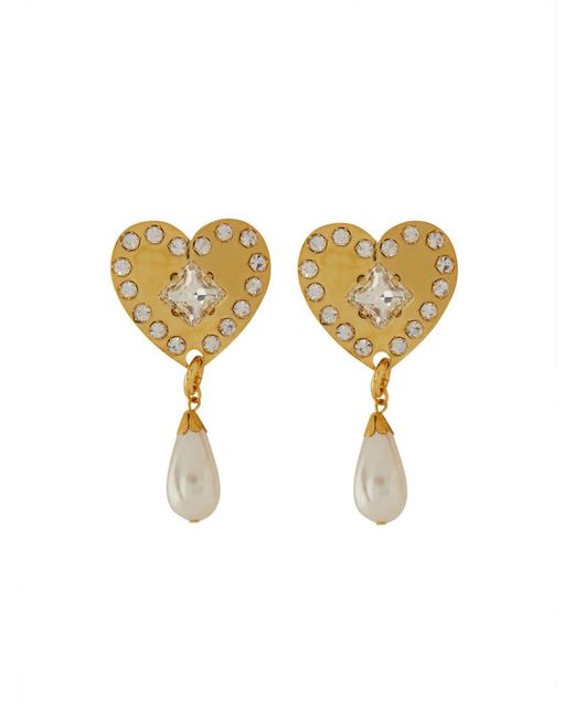 Alessandra Rich Metallic Metal Heart Earrings With Crystals