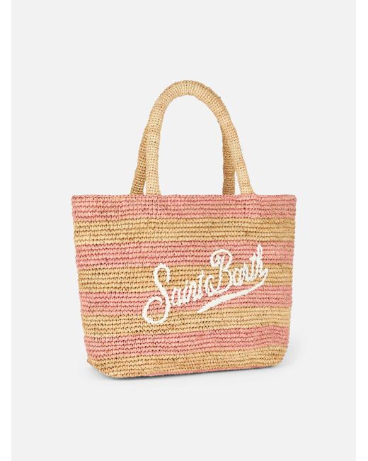 Mc2 Saint Barth Natural Striped Raffia Beach Midi Bag With Cotton Pouch