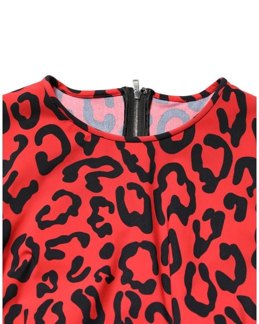 Dolce & Gabbana Red Leopard Print Long Sleeves Midi Dress Nylon Elastane