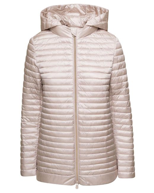 Save The Duck Alima Beige Hooded Down Jacket In Nylon in Natural | Lyst