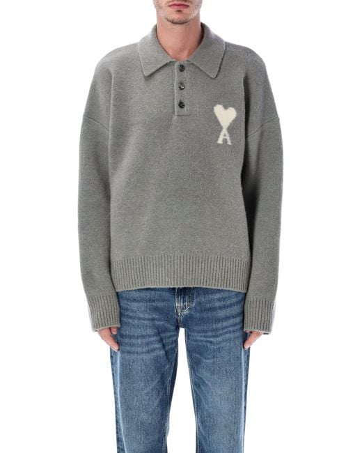 AMI Gray Wool Polo Sweater With De Coeur Logo for men