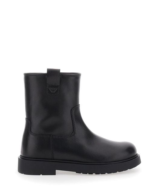 Emporio Armani Black Leather Boots With Logo Patch Calf for men