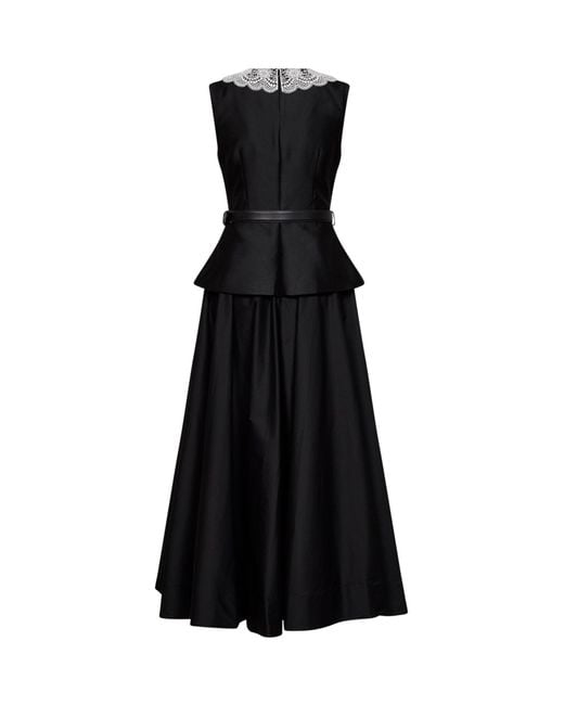 Self-Portrait Black Taffeta Belted Peplum Midi Dress