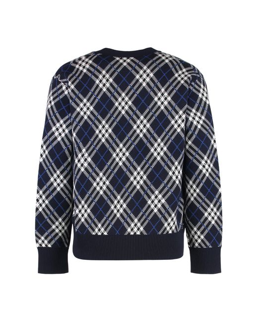Burberry Blue Wool Cardigan With Vintage Check Print Cardigans for men