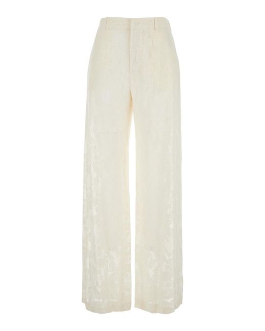 PT Torino White Lorenza Pants With Belt Loops And All-Over Lace Embroidery