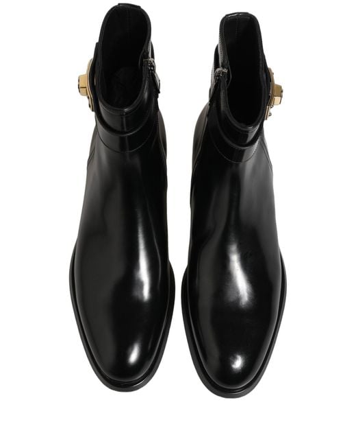 Dolce & Gabbana Black Leather Logo Buckle Mid Calf Boots Shoes for men
