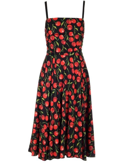 Dolce & Gabbana Cherry Print Silk Midi Dress in Red | Lyst