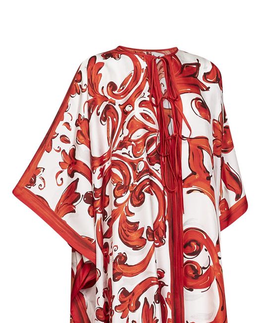 Dolce & Gabbana Red Kaftan Dress Majolica Print Cotton