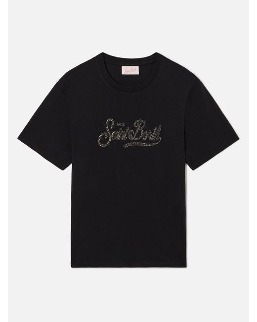 Mc2 Saint Barth Black Emilie T-Shirt With Rhinestone Logo