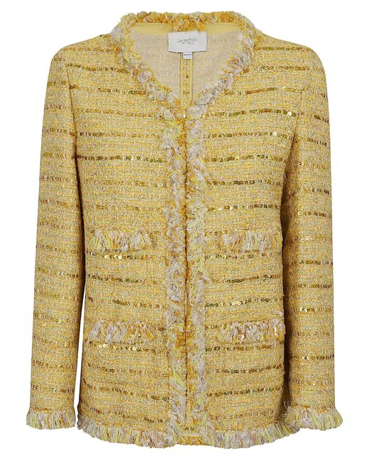 Giambattista Valli Yellow Sequin-embellished V-neck Tweed Fringed Jacket