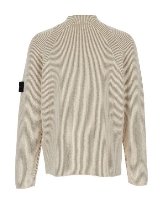 Stone Island White Sweater With Ribbed Design And Logo Patch On Sleeve for men