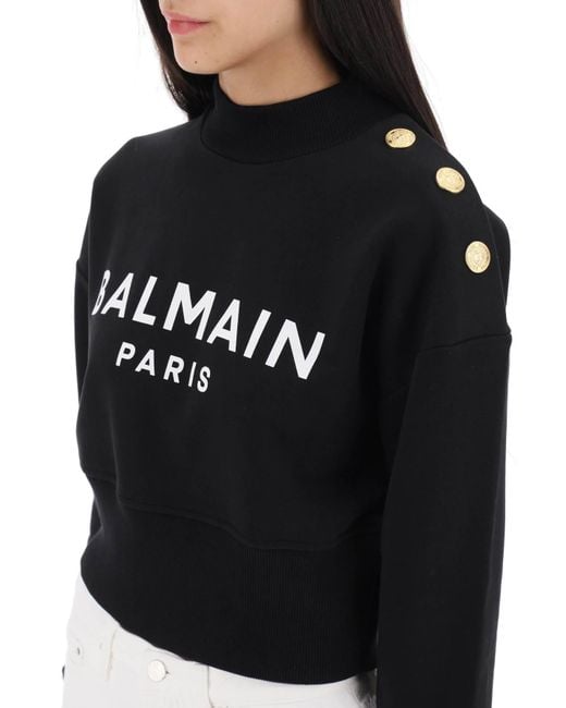 Balmain Black Cropped Sweatshirt With Logo Print And Buttons