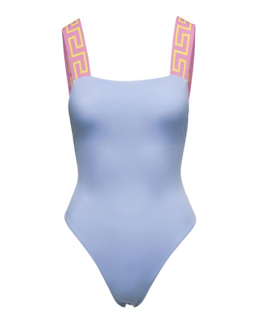 Versace Blue Light One-Piece Swimsuit With Greca Motif On The Straps