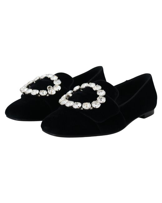 Dolce & Gabbana Black Chic Velvet Crystal-Embellished Loafers