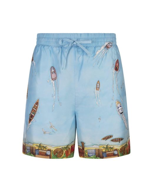 Casablancabrand Blue Maison Sur Piloti Silk Shorts for men