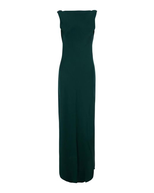 Antonelli Green Long V-Neck Dress Satin Viscose