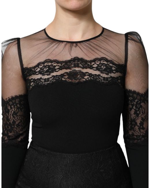 Dolce & Gabbana Black Lace Trim Nylon Tulle Sheathmidi Dress