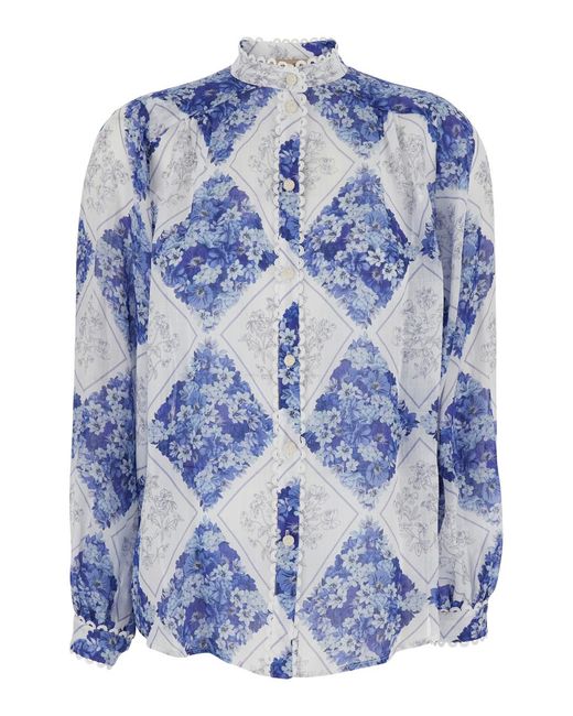 Twinset Blue High Neck Floral Pattern All-Over Fabric Shirt For Ramie And Blouses