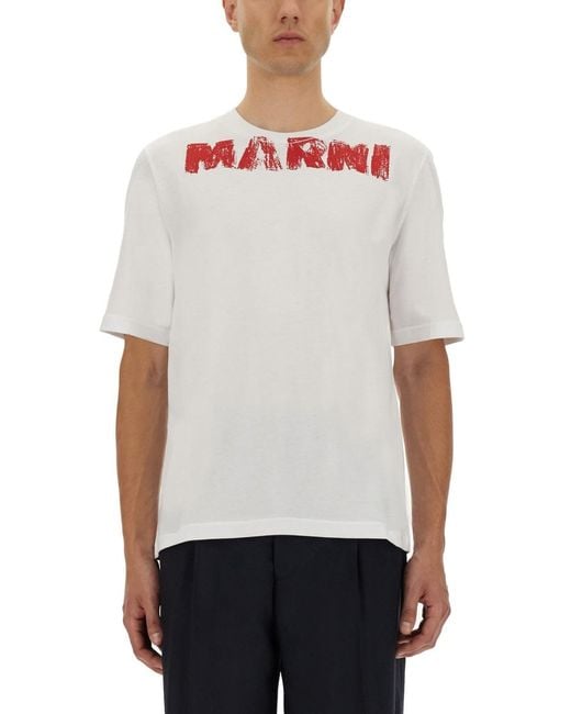 Marni White Cotton T-Shirt With Maxi Print for men