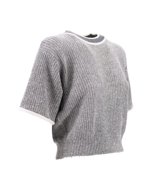 Brunello Cucinelli Gray Contrasting-Border Knitted Top