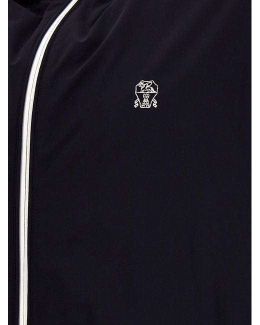 Brunello Cucinelli Blue Logo Embroidery Hooded Vest for men