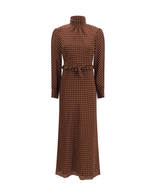 Alessandra Rich Brown Polka Dot Silk Crêpe De Chine Midi Dress With Bow Outer: Silk; Inner: Viscose