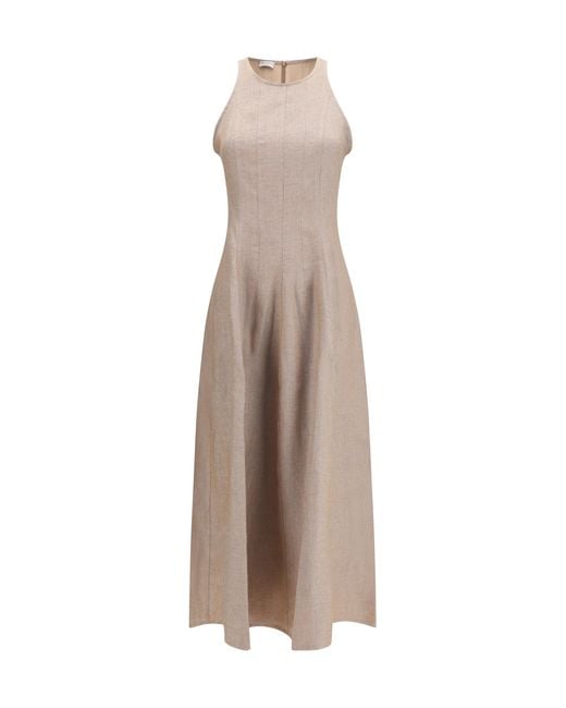 Brunello Cucinelli Natural Sparkling Linen Twill Dress Linen; Polyamide; Polyester