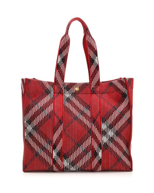 Burberry Red Medium Check Knitted Tote Bag