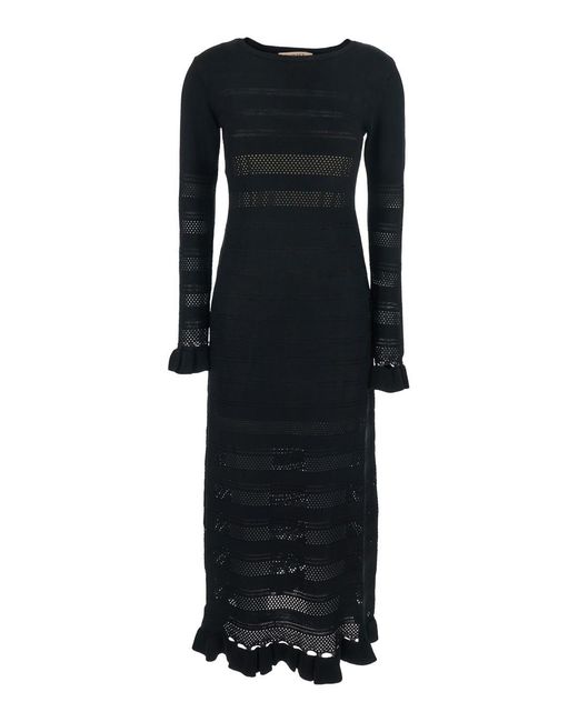 Twinset Black Long Dress With Ruffles And Perforated Design Viscose Polyamide