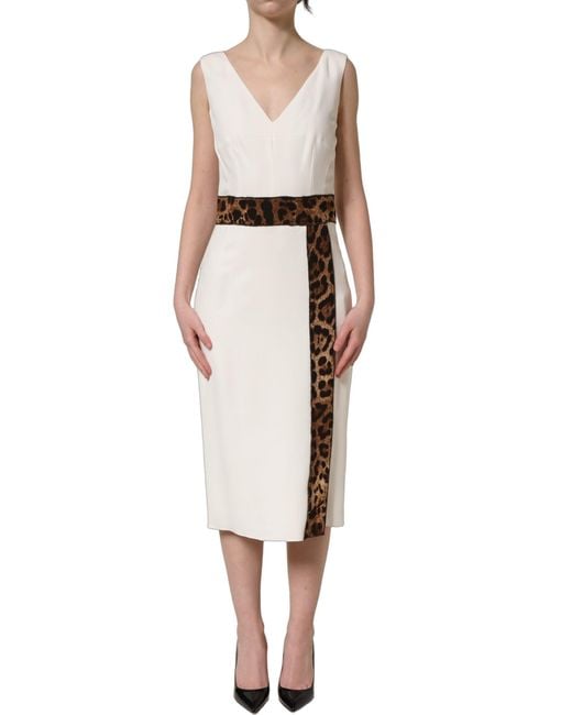 Dolce & Gabbana Natural White Leopard Sleeveless Sheath Midi Dress