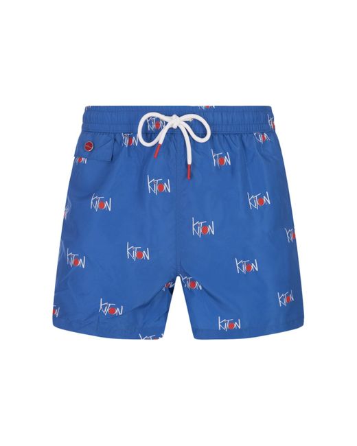 Kiton Blue Swim Shorts With All-over Logo for men