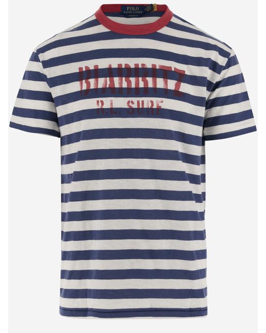 Polo Ralph Lauren Blue Cotton T-Shirt With Striped Pattern And Logo for men